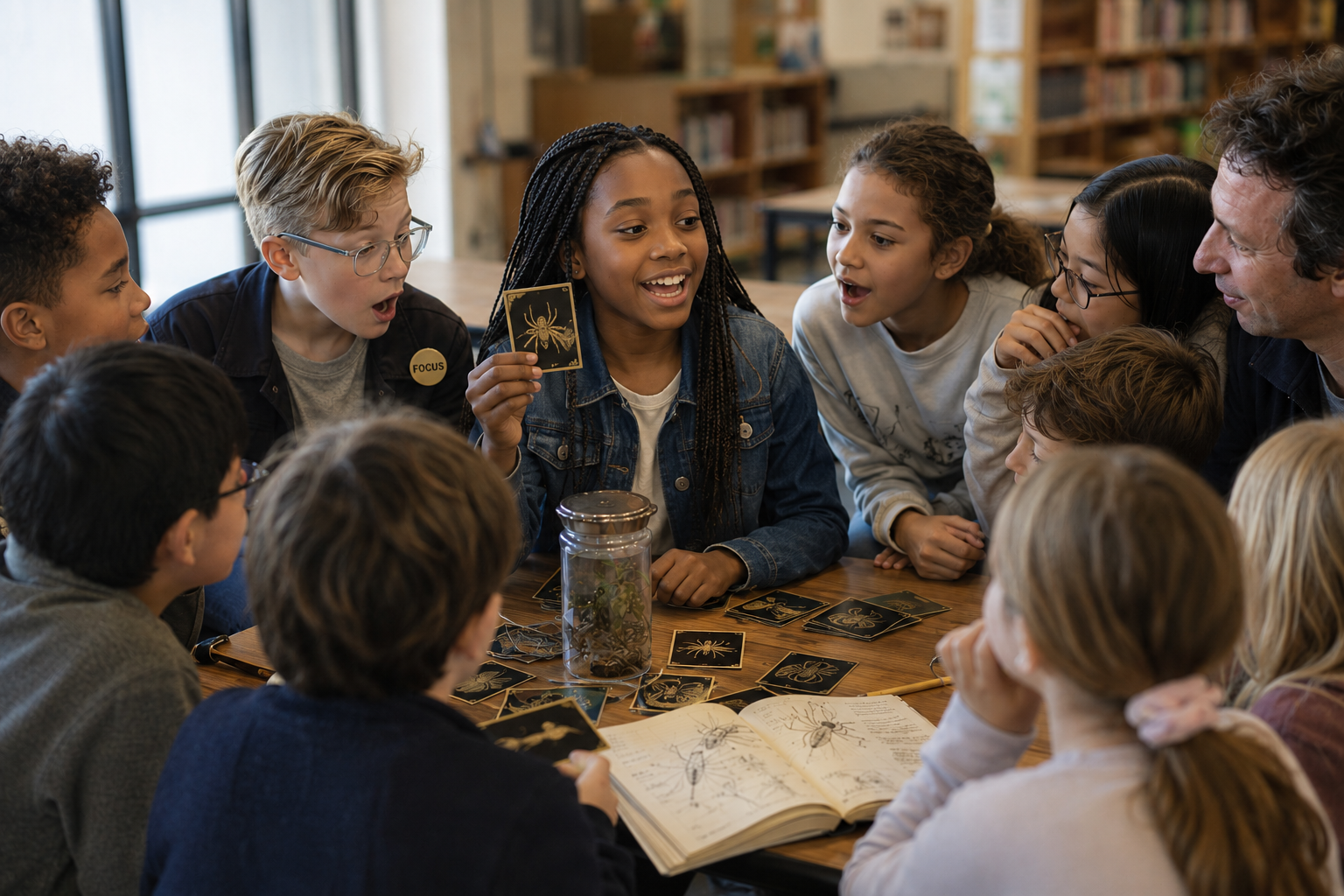 Diverse group of children aged 7-12 playing W.E.F.I.N.D. nature trading cards at a school library table during a FOCUS afterschool session