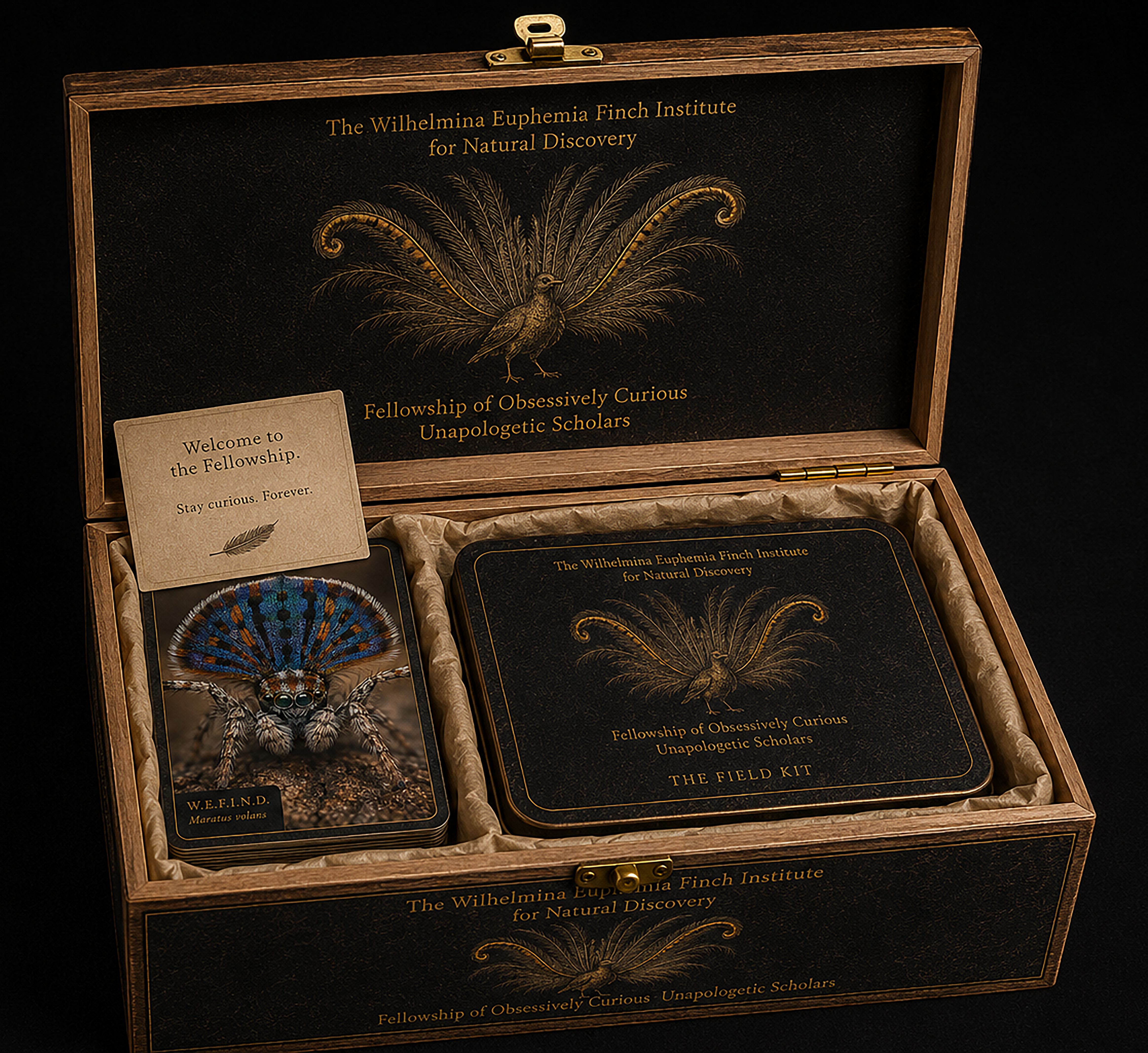 W.E.F.I.N.D. starter pack - natural wood collection box open showing species trading cards, Field Kit tin, and welcome card